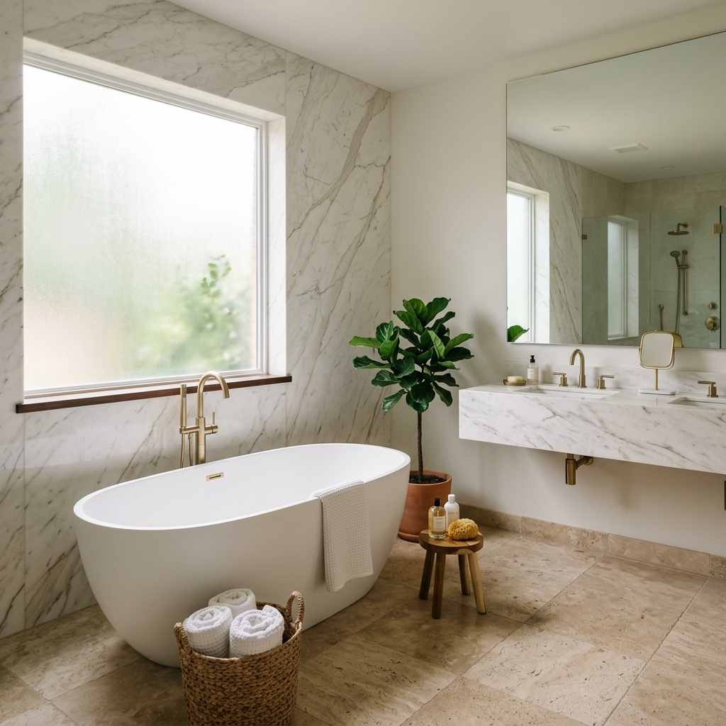 Natural stone bathroom flooring with travertine tile in Scottsdale spa bathroom