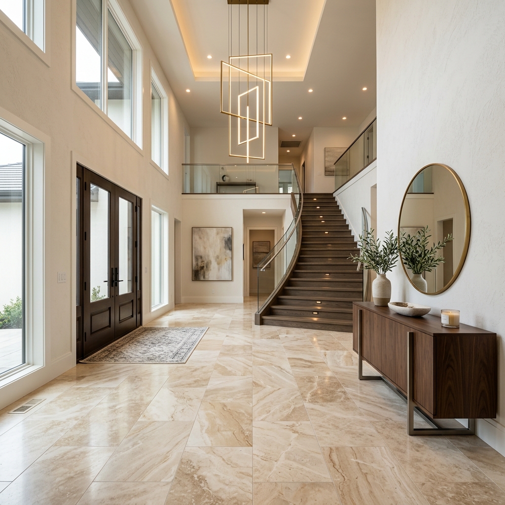 Luxury entryway with natural stone tile flooring in Paradise Valley residence