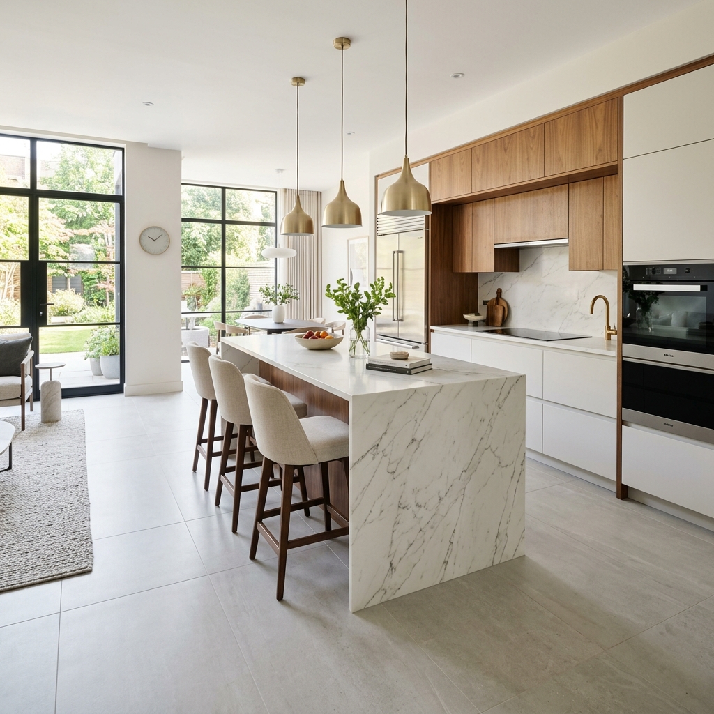 Large format porcelain tile flooring in modern kitchen